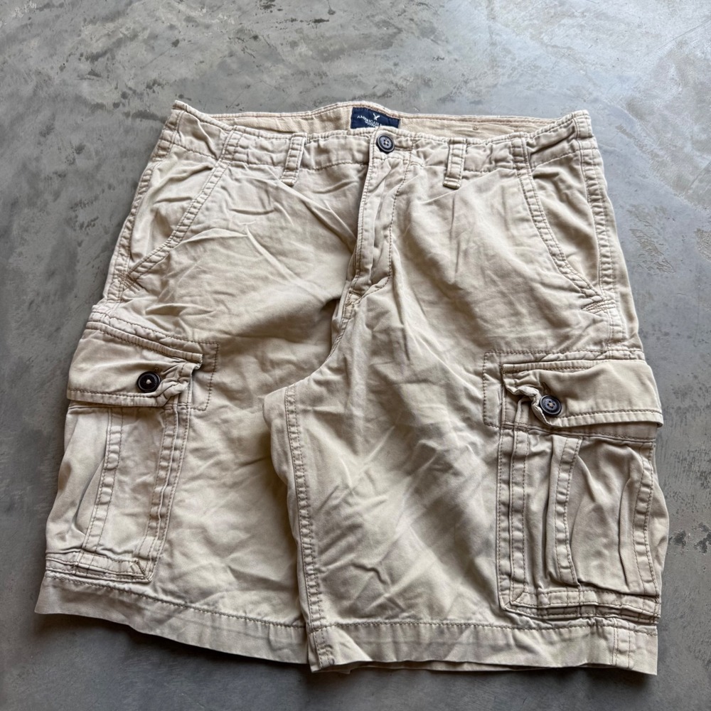 American Eagle Mens Khaki Cargo Shorts Tan Cotton Utility 34x13 960
